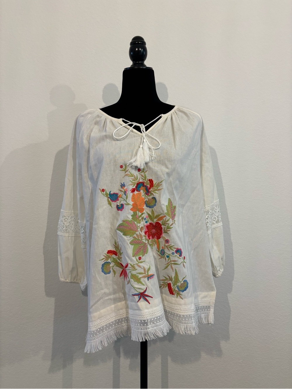 White Embroidered Boho Tunic with Colorful Floral Stitching